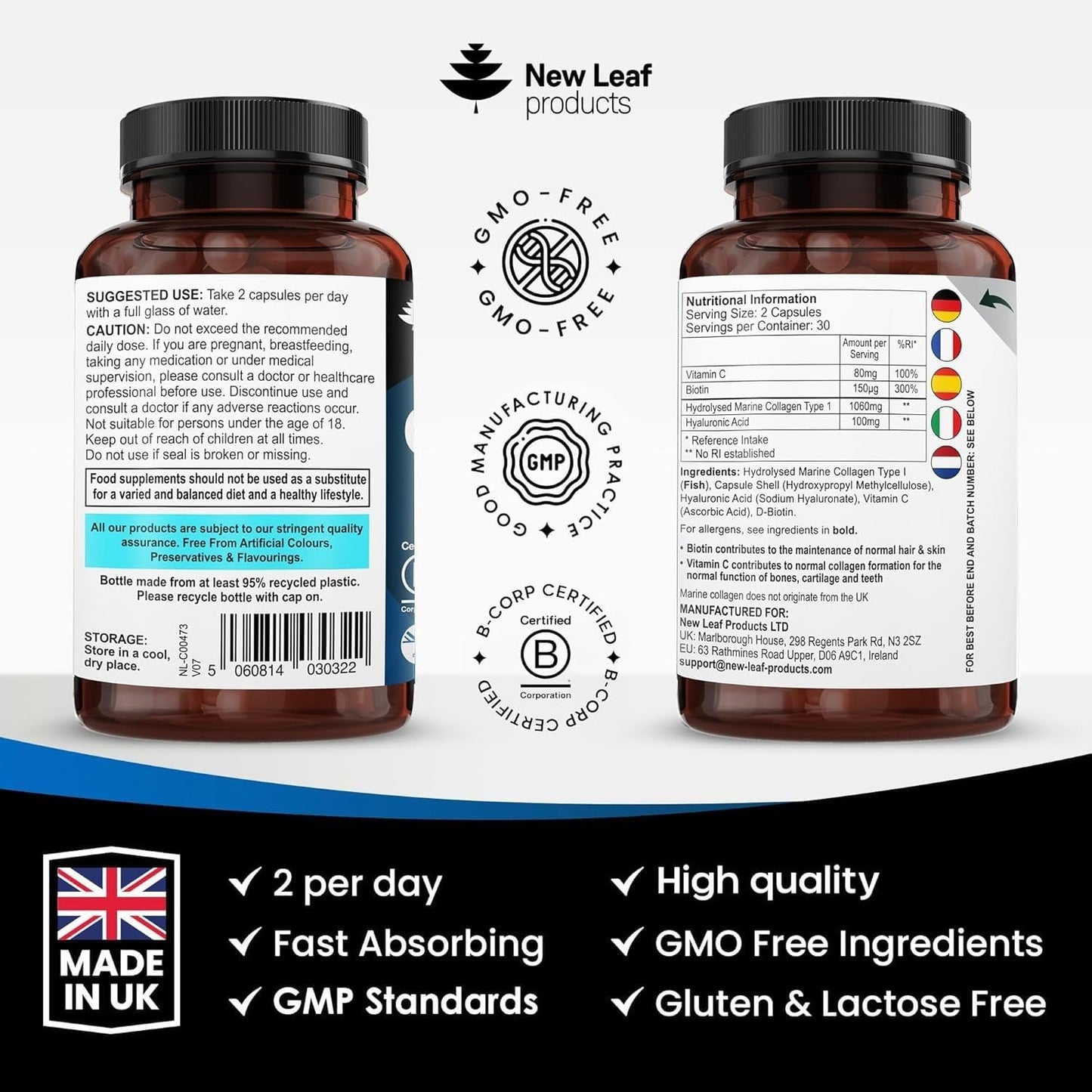 Pure Marine Collagen 100% Marine Type 1 Hydrolysed Peptides Enhanced Acid & Vitamin C -Essential Amino Supplements 60 Capsules