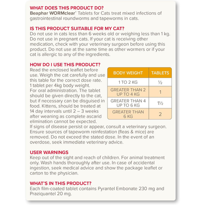 Beaphar WORMclear for Cats, Beaphar WORMclear tablets, Beaphar cat worming tablets, Beaphar wormer for cats UK, cat worming tablets UK, vet strength cat wormer, cat deworming tablets, worm tablets for cats, cat roundworm treatment, cat tapeworm treatment, kitten worming tablets, kitten dewormer UK, cat intestinal worm treatment, cat parasite treatment tablets, meat flavoured cat worm tablets, easy administer cat wormer, over the counter cat wormer UK, praziquantel cat wormer, pyrantel embonate cat wormer,