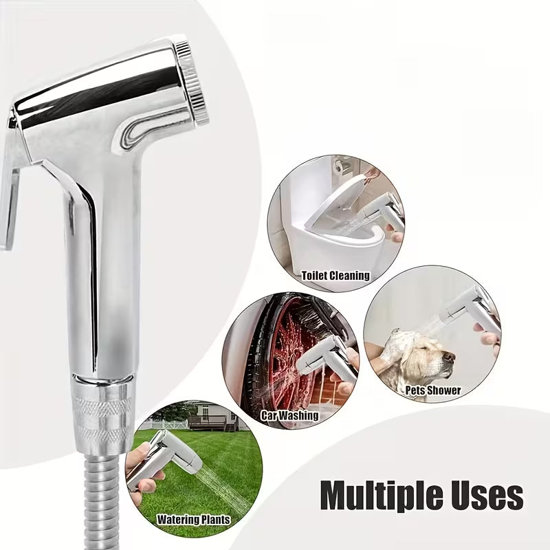 Chrome Muslim Shower Head & Hose Bidet Jet Spray Tap Hygienic Shatter Handheld Toilet Kit
