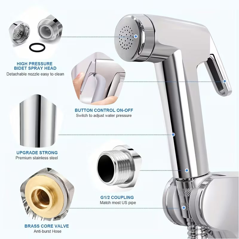 Chrome Muslim Shower Head & Hose Bidet Jet Spray Tap Hygienic Shatter Handheld Toilet Kit
