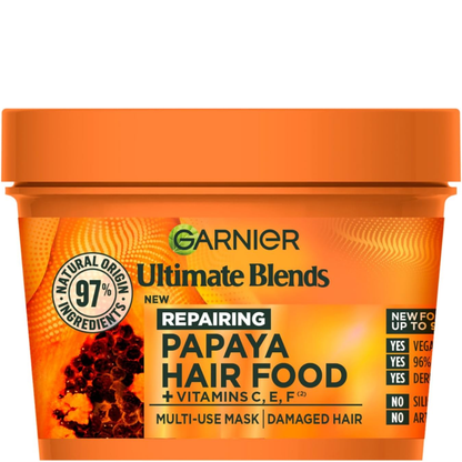 Garnier Hair Food Papaya, Garnier Ultimate Blends Hair Food, Garnier Papaya Hair Mask, Garnier Hair Food 3 in 1, Garnier Hair Food Papaya 400ml, papaya hair mask, hair food mask, 3 in 1 hair treatment, damaged hair mask, hair mask for damaged hair, hair repair mask, nourishing hair mask, vegan hair mask, cruelty free hair mask, silicone free hair mask, natural hair mask, natural origin hair treatment, papaya extract hair mask, hair mask for dry damaged hair, split ends repair mask, 