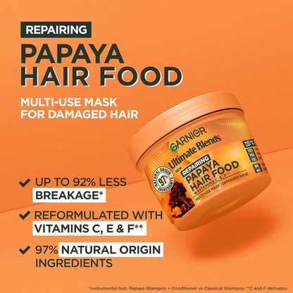 Garnier Hair Food Papaya, Garnier Ultimate Blends Hair Food, Garnier Papaya Hair Mask, Garnier Hair Food 3 in 1, Garnier Hair Food Papaya 400ml, papaya hair mask, hair food mask, 3 in 1 hair treatment, damaged hair mask, hair mask for damaged hair, hair repair mask, nourishing hair mask, vegan hair mask, cruelty free hair mask, silicone free hair mask, natural hair mask, natural origin hair treatment, papaya extract hair mask, hair mask for dry damaged hair, split ends repair mask, 