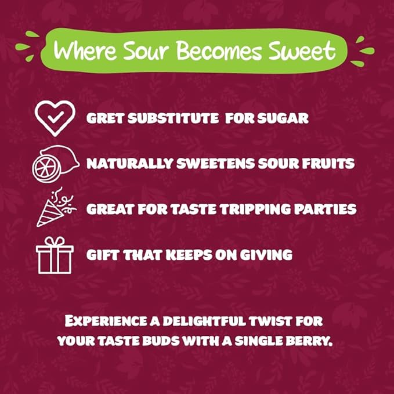 Miracle berries for wellness, Natural Vitamin C fruit, Vegan fruit supplement, Antioxidant-rich superfood, Low-calorie fruit supplement, Skin rejuvenation berries, Plant-based skin care, Pure fruit for immunity, Immune system fruit, Organic antioxidant fruit, Natural energy booster, Pure fruit supplement, Zero-calorie health boost, Organic Vitamin C berries, Healthy superfruit, Sugar-free fruit for vitality, Vegan-friendly superfood, Vitamin C rich berries, Natural skin nourishment,
