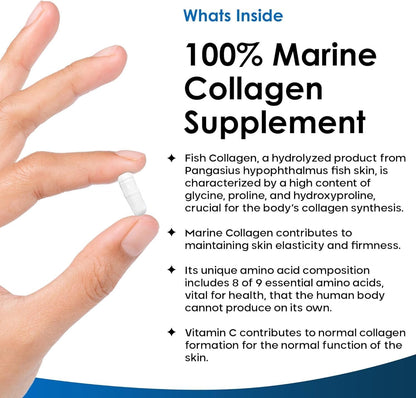 Pure Marine Collagen 100% Marine Type 1 Hydrolysed Peptides Enhanced Acid & Vitamin C -Essential Amino Supplements 60 Capsules