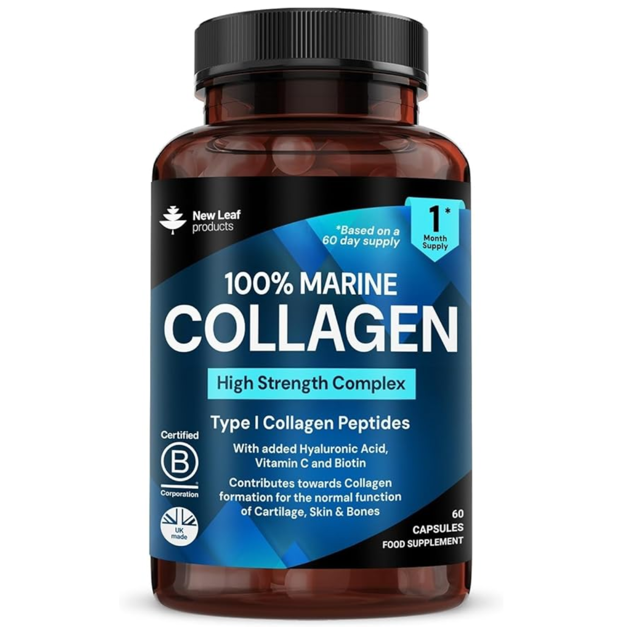 Pure Marine Collagen 100% Marine Type 1 Hydrolysed Peptides Enhanced Acid & Vitamin C -Essential Amino Supplements 60 Capsules